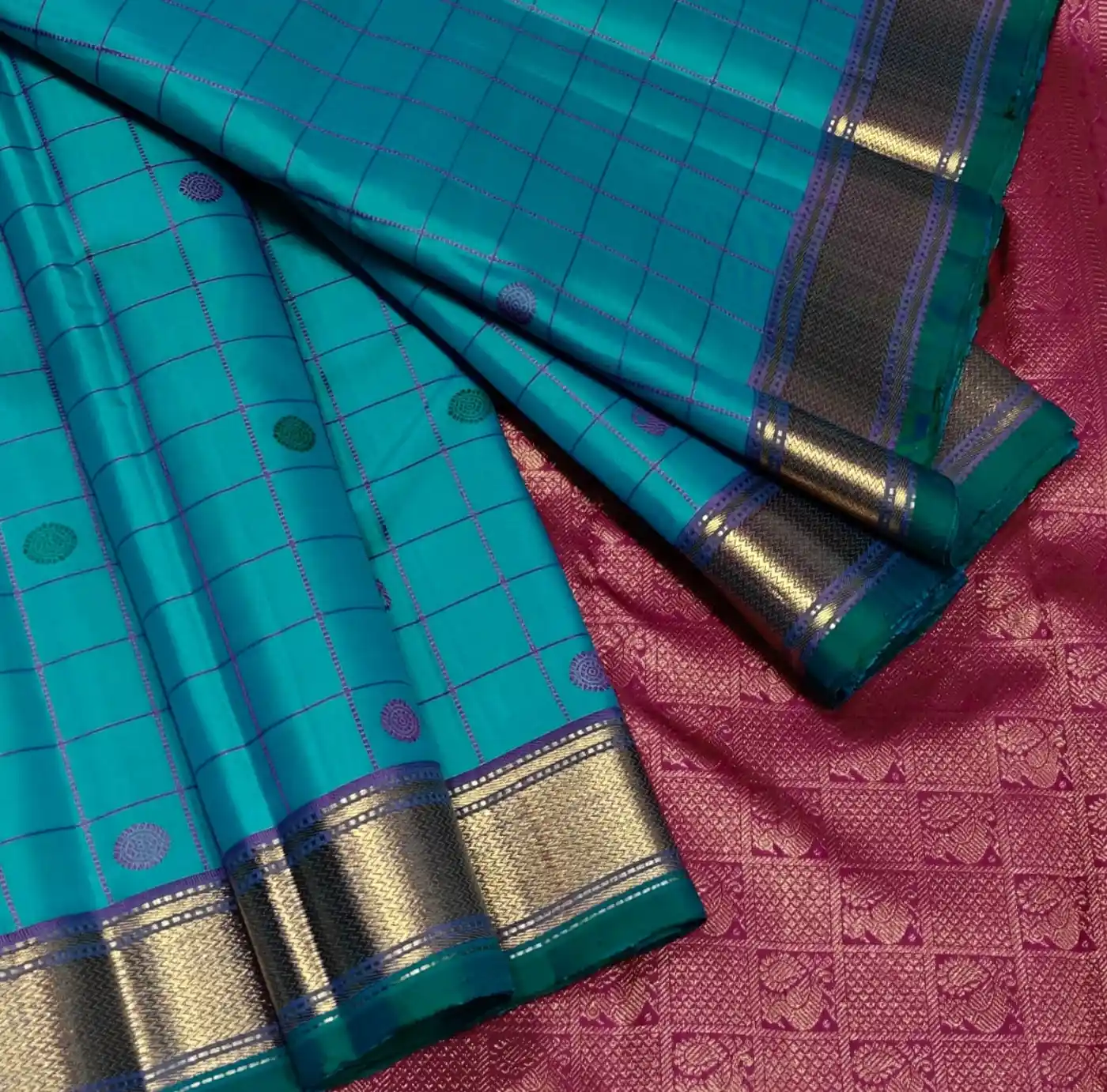 Turquoise Blue Kanjivaram Silk Saree with Magenta Border